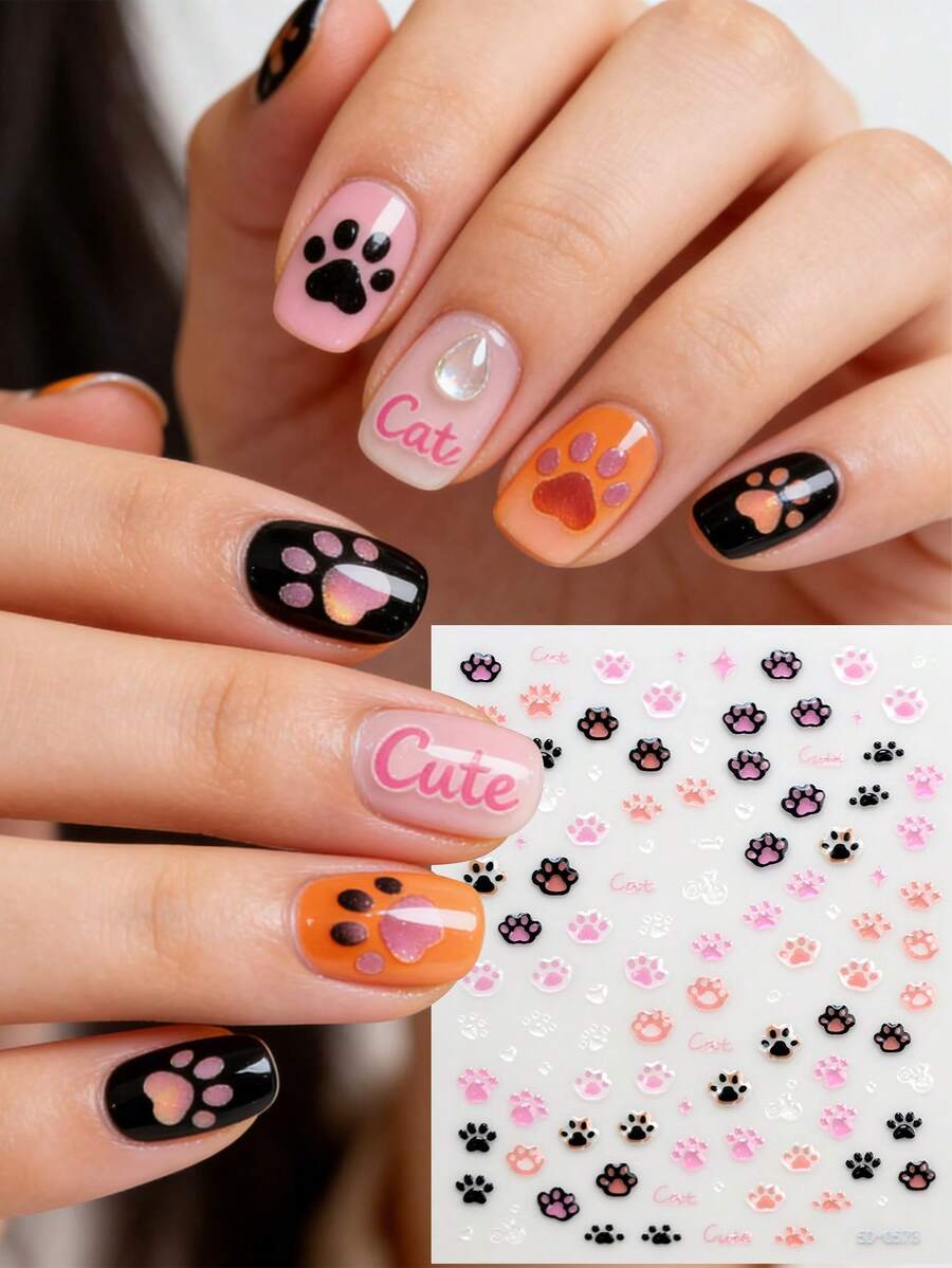 2pcs/1pc Jelly 5D Embossed Bear Paw Design Nail Art Stickers,Cute Cartoon Animal Paw Print Nail Stickers For Valentine's Day,Wedding,New Year,St. Patrick's Day,Holidays -DIY Self-Adhesive Nail Decal Spring&Summer Nail Supplies