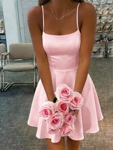 纯色A字露背系带性感连衣裙，适合婚礼派对，优雅 - 淺粉色 - 查看 4