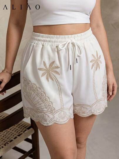 Quần short nữ cỡ lớn thêu họa tiết thanh lịch, thích hợp mặc mùa xuân/hè, phù hợp cho đám cưới, ngày Valentine, công sở và lễ tốt nghiệp.