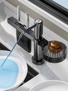 多功能水槽收纳架：皂液器、刀架和洗碗刷套装，适用于厨房台面 - 灰色 - 查看 3