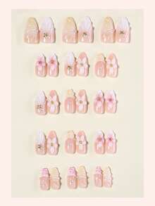 10片装中长款杏仁形Y2K风格亚克力花朵假指甲套装，法式贝壳形凝胶美甲贴片，3D装饰，饰有星星、金色、白色珍珠，适合女性日常佩戴、节日和派对，或作为礼物。 - 彩色 - 查看 3