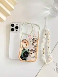 Cream Textured Wavy Edge Glossy Cat Painted Anti-Drop Phone Case With Beaded Bracelet Accessory, Compatible With IPhone 17pro/17Air /17/17promax16/11/16pro/16plus/16promax/16e/15Promax/13/14/12/XS/XR/7G/8P, Galaxy 11/12Pro/12/12X/13Pro/14Pro/15Pro/, 10/9/Note9/12c/Note11pro/Note8Pro - Multicolor - View 6