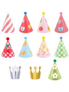 11/4/1pc-Mini Party Hats, Birthday Cone Hats For Stuffed Animals And Pets,9 Paper Cones And 2 Crowns, DIY Assembly With Pom Poms, Cute Cherry Design.(1/4/11pcs) - A - View 10