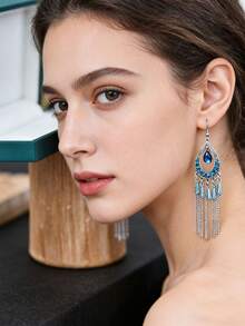 中国风多层长流苏耳环，时尚水晶水钻水滴耳环，节日优雅礼物 - 藍色 - 查看 12