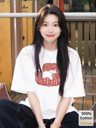 夏季纯棉白色趣味印花中长短袖T恤，女士休闲宽松上衣，时尚百搭