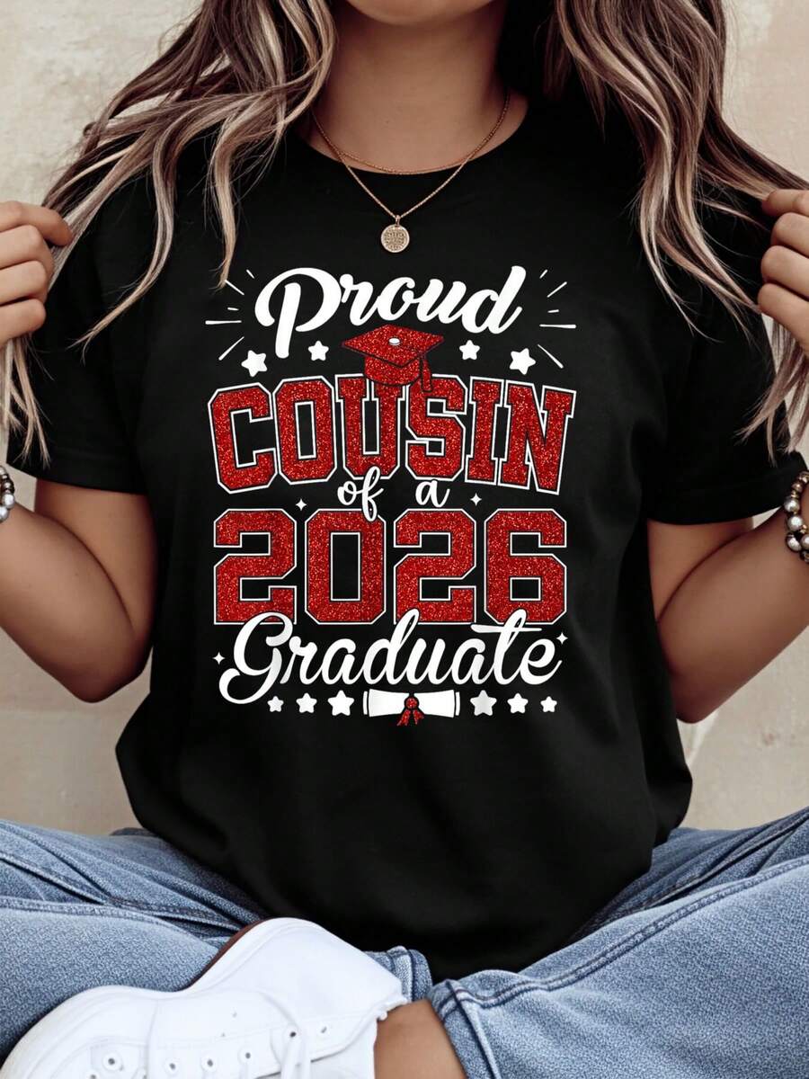 Proud Cousin Of A 2026 Graduate T-Shirt Graduation Celebration Gift For Family Member Senior Year Party Wear Black Shirt With Red Glitter Design,220g - màu đen - Xem 1
