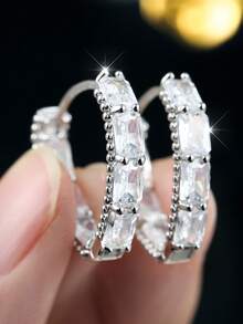 1 Pair Of Elegant Baguette Cut Cubic Zirconia Hoop Earrings Silver-Tone Huggie Style Sparkling Statement Jewelry Gift For Women - Silver - View 1