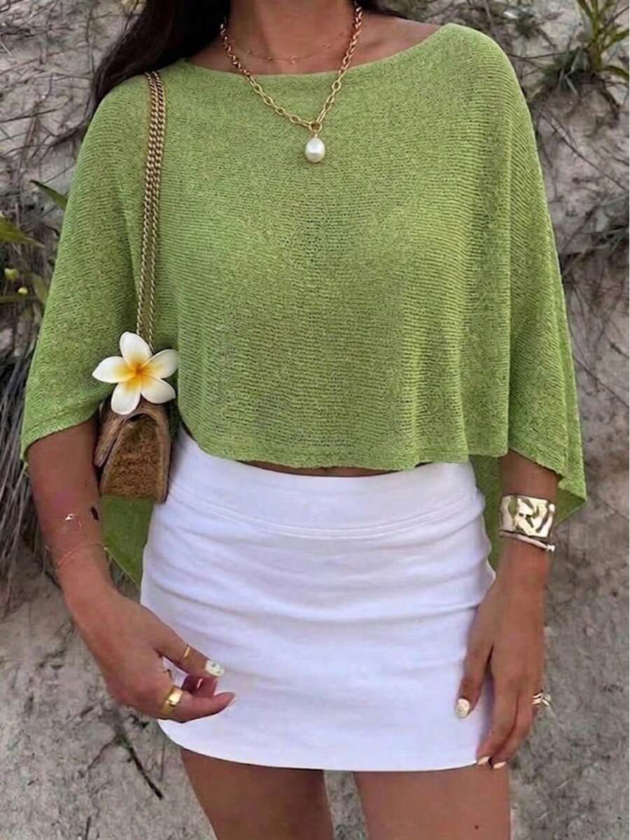 女士新款波西米亚风绿色雪纺披肩，不对称设计轻盈针织衫，时尚休闲宽松版型，适合海滩度假、海滩派对、游泳池、休闲旅行、外套穿着 - 綠色 - 查看 1