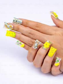 10Pcs Handmade Short Duck Bill Acrylic Press On Nails, Fluorescent Yellow Floral Style, 3D Yellow Flower, Gold Metal Ball, Geometric Gold Frame, Polka Dot Accents, Daily Chic Spring Party Nails Summer, Fresh Shiny Vibe Easter St Patricks Day Women - 彩色 - 查看 3