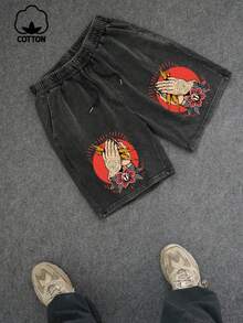 Plus Size Men's Casual Shorts, Lightning & Floral Tattoo Print, Round Neck, Washed, Everyday Wear - Black - View 2