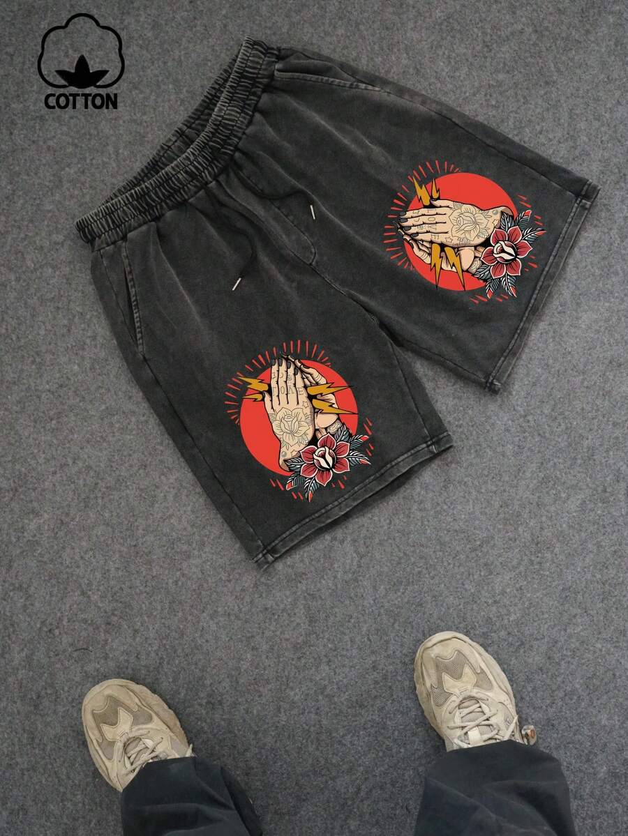 Quần short nam cỡ lớn, kiểu dáng thường ngày, họa tiết tia chớp và hình xăm hoa, cổ tròn, đã qua xử lý giặt, thích hợp mặc hàng ngày. - màu đen - Xem 1