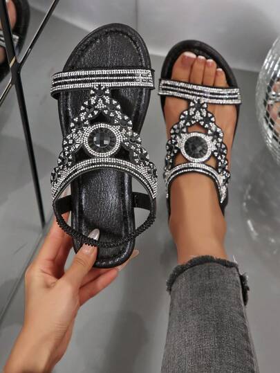 女士水钻装饰露趾平底凉鞋，夏季波西米亚风沙滩鞋