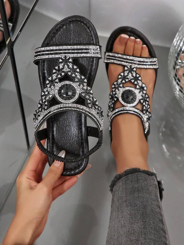 女士水钻装饰露趾平底凉鞋，夏季波西米亚风沙滩鞋