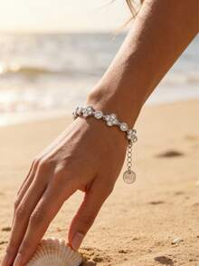 18K Gold/Silver Plated Full Diamond Four-Leaf Clover Bracelet, Bohemian Style Golden Summer Beach Vacation Stainless Steel Delicate Adjustable Chain Bracelet For Women - Gold - View 7