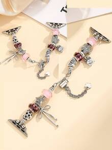 女士经典魅力腕表手链，配有串珠吊坠，蝴蝶结、爱心、樱花和海星造型，适用于 38/40/41/42/44/45/46/49mm，Ultra/SE/Series 11/10/9/8/7/6/5/4/3/2/1，夏季海滩饰品配饰，表带 - 粉色 - 查看 5