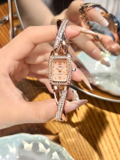 jw 1件装女士玫瑰金简约合金手链腕表，优雅方形表盘，时尚白色指针，休闲别致，镶嵌水钻表盘，奢华石英表，适合日常佩戴、派对、通勤和旅行。