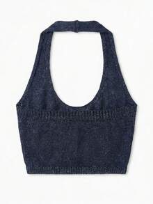 女士藏蓝色亮片针织两件套，性感露脐吊带上衣和系带迷你裙，闪亮薄纱夏季沙滩派对装扮 - 藍色 - 查看 10