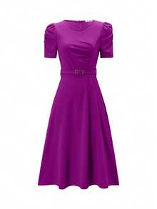 Vestido de mujer de cuello en V elegante con volantes en el bajo, vestido midi asimétrico/irregular de unicolor para ocasiones elegantes, bodas, oficina, uso diario, primavera/verano - Morado Violeta - Ver 4