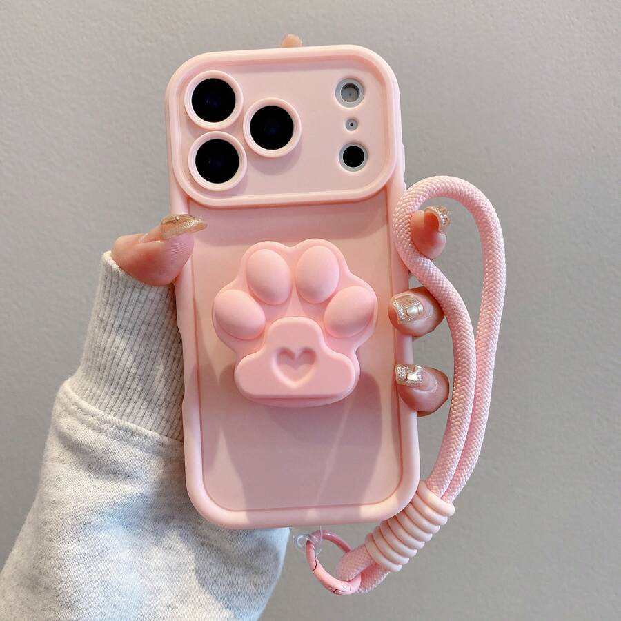 Shockproof Protective Phone Case With Faux Pearl Decor & Wrist Strap, Compatible With IPhone 17/16/15 Series, Galaxy A/S Series, Note 13/14 Pro Max,International Version, Not The Domestic Version - Pink + Cat Paw Holder + Rope - View 1