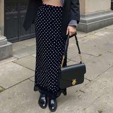 Women Satin Lace Trim Midi Skirt Polka Dot Print High Waist Long A-Line Skirts Vintage Silk Going Out Dress Y2k Streetwear Party Clubwear - 黑白-A - 查看 1