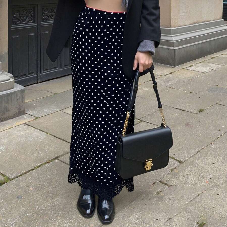 Women Satin Lace Trim Midi Skirt Polka Dot Print High Waist Long A-Line Skirts Vintage Silk Going Out Dress Y2k Streetwear Party Clubwear - 黑白-A - 查看 1