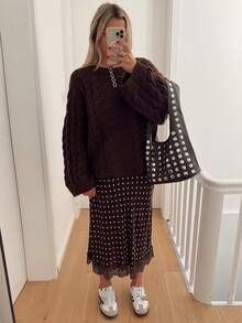 Women Satin Lace Trim Midi Skirt Polka Dot Print High Waist Long A-Line Skirts Vintage Silk Going Out Dress Y2k Streetwear Party Clubwear - 黑白-A - 查看 8