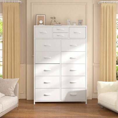 Cómoda de Tela Resistente de 52.2 de Altura con Tapa de Madera y Estructura de Metal, Almacenamiento de Ropa Multiusos y de Gran Capacidad para Dormitorio, Blanca