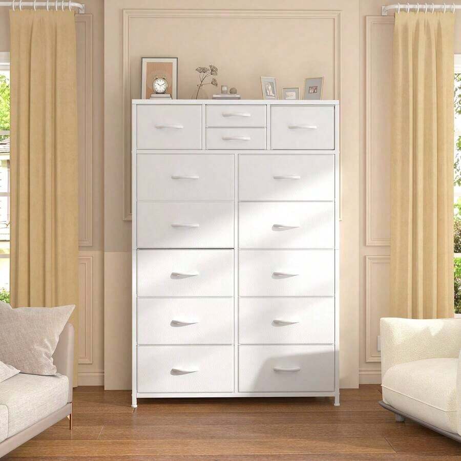 Cómoda de Tela Resistente de 52.2 de Altura con Tapa de Madera y Estructura de Metal, Almacenamiento de Ropa Multiusos y de Gran Capacidad para Dormitorio, Blanca - Óxido marrón - Ver 1