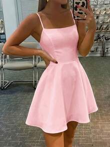 纯色A字露背系带性感连衣裙，适合婚礼派对，优雅 - 淺粉色 - 查看 3