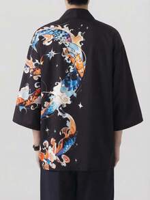 吉祥云龙印花宽松七分袖长袍，男士休闲开衫 - 黑色 - 查看 2