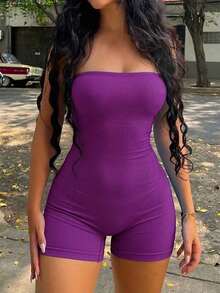 Purple Striped Strapless Fitted Romper - Sexy Clubwear Jumpsuit Summer Elegant - Hot Pink - View 8