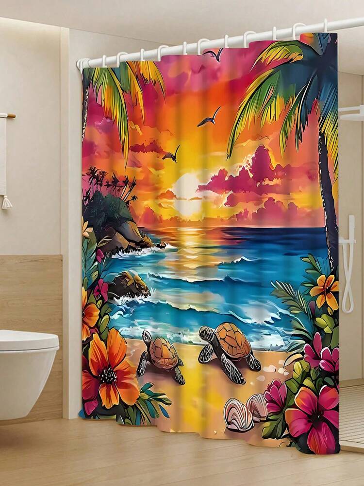 1/4 浴室帘套装，包含芙蓉花、贝壳、海龟、热带植物图案，海洋海岸蓝绿黄粉配色，可机洗夏季浴帘，配有 12 个挂钩、防滑浴室垫和 U 型马桶座套 - A - 查看 17