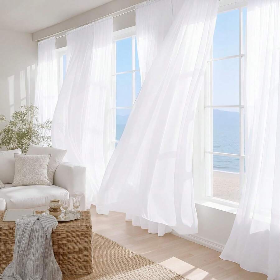 1pc 7ft/8ft/10ft Solid Color Sheer Curtain, Modern Minimalist Polyester Transparent Curtain, Suitable For Bedroom, Living Room, Balcony Window Decor, No Drilling Required For Installation, Room Divider Screen, Home Decor, Curtain Panel, Shower Curtain, Decorative Hanging, Also Suitable For Wedding Party Decor, Backdrop Decor, DIY Decor For Birthday And Various Festivals
