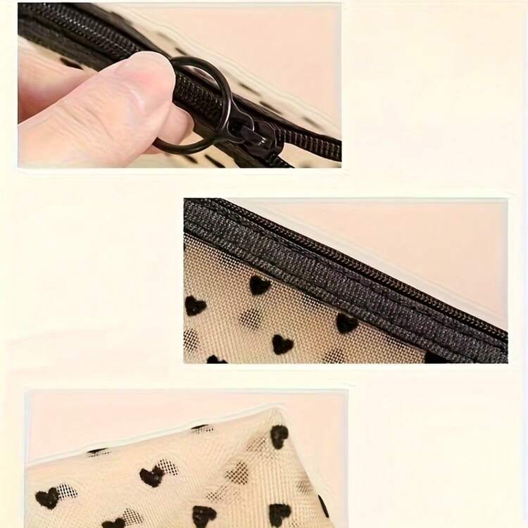 心形印花网眼化妆包 - 多功能化妆品及配件收纳包，可收纳口红、眼影刷、数据线和耳机 - 彩色 - 查看 10