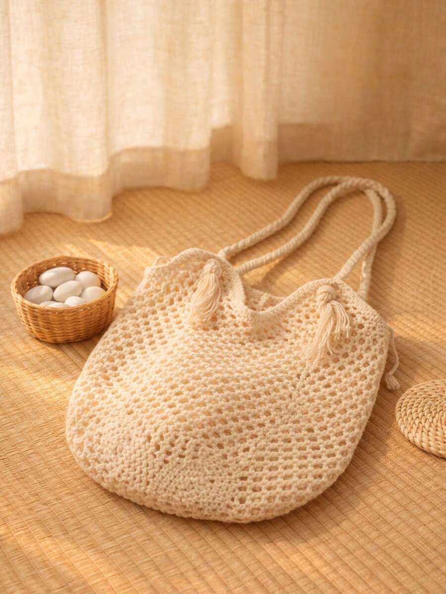 Hollow Mesh Tassel Straw Tote Bag, Large Capacity Vacation Commute Shoulder Beach Bag For Women,Holiday Essential,Summer,Beach Bag,Holiday Bag - Multicolor - View 1