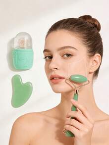 1/2/3pcs Set Ice Face Roller + Stainless Steel Gua Sha Board + Cloth Flannel Bag - Facial Skin Care Ice Roller Set, Facial Massage Tools, Silicone Ice Face Roller, Ice Roller, Stainless Steel Gua Sha Board, For Relieving Face And Eye Puffiness - Green - View 3