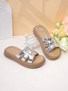 1 Pasang Sandal Selop Bentuk H Unik untuk Anak Perempuan, Sandal Luar Ruangan Serbaguna untuk Musim Panas - Perak - View 3