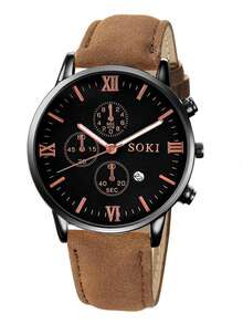 SOKI SOKI 1 pièce Montre d'homme avec fonction calendrier, cadran rond à la mode, mouvement à quartz, bracelet en PU, convient pour un port quotidien, cadeau d'anniversaire, fête, rassemblement de vacances, cadeau idéal pour vous-même ou vos amis. Aucune boîte d'emballage incluse. - Tabac - Voir 4