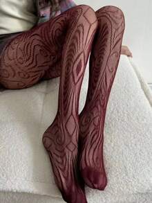 1 Pair Wine Red Geometric Pattern Fishnet Pantyhose, Retro Sexy Style - Multicolor - View 5