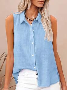 新款夏季无袖浅蓝色衬衫，单排扣翻领百搭通勤衬衫 - 淺藍 - 查看 1