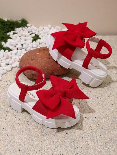 1双新款女童夏季红色大蝴蝶结厚底凉鞋，儿童公主风防滑露趾休闲鞋，适合日常穿着和户外活动，适合大童