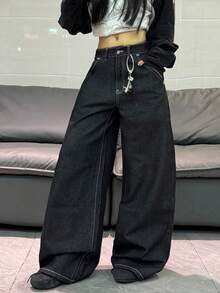 1件韩版街头风印花撞色拼接宽松阔腿牛仔裤，舒适休闲百搭，四季皆宜（不含腰带/配饰）黑色春季款 - 黑色 - 查看 2