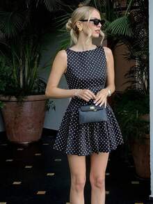 女士休闲优雅日常街头波点印花连衣裙，春夏款 - 黑 - 查看 2