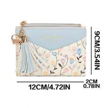 Nueva cartera con colgante con flecos, cartera bifold de mujer con múltiples ranuras para tarjetas y diseño de flores, de cuero PU de alta gama - Azul - Ver 2