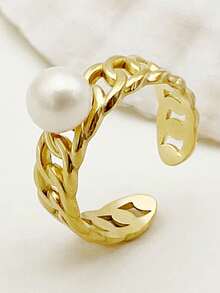 1 pièce Bague réglable en acier inoxydable plaqué or 18 carats avec chaîne cubaine et perle, convient pour les occasions quotidiennes, les trajets et les rendez-vous - R0235-02 - Voir 3