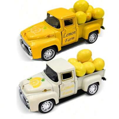 1pc Retro Mini Metal Lemon Truck Desktop Decor, Farmhouse Style Yellow Cream White Painted Small Truck Decor With Artificial Lemon, Vintage Shabby Chic Tiered Tray Fireplace Decor, Suitable For Kitchen, Dining Room, Living Room, Bedroom, Farmhouse Home Decor, Summer Spring Holiday Housewarming Party Photography Prop Tabletop Art Craft