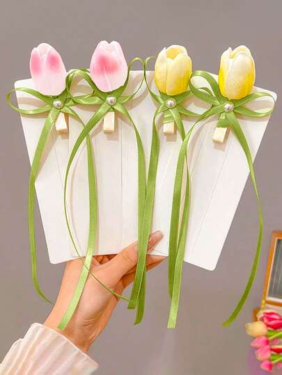 2pcs Sweet Tulip Flower Pendant Ribbon Girl Hair Clips, 2026 New Spring/Summer Cute Floral Girl Hair Accessories, Versatile For Daily, School, Travel, Photo Shoot, Elegant High-Quality Girl Hair Decor Gift