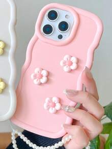 1个柔粉色3D花朵手机壳，波浪边防震，带珍珠挂绳，防震、防滑、防刮花 | 专为 17 Pro Max设计 | 兼容 17/16/15/14/13/12/11系列、S20-S25系列、Note 14/13/12系列和A56 5G | 完美的情人节/新年礼物。 - 粉色 - 查看 5