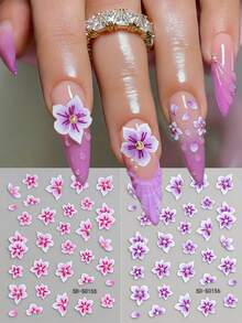 2 Stück 5D Geprägte Sakura Nagel Aufkleber - Kirschblüten Nagelkunst Aufkleber Set für Hochzeit Party - Rosa Lila Farbverlauf Blumen Nagel Abziehbilder mit goldenem Zentrum, selbstklebende 3D Kirschblüten Nagel Zubehör, DIY Nagel Aufkleber für Salon & Heimgebrauch - Verschiedenfarbig - Übersicht 3