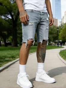 American Retro Ripped Frayed Denim Shorts, Men's Loose Straight Fit Five-Point Pants - Light Wash - View 2